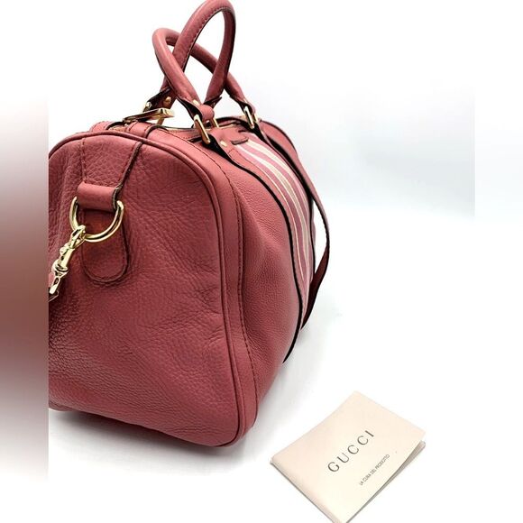 Auth Gucci Rose Pink Leather Web Line Boston Speedy 2way Tote Bag Preloved - Picture 8 of 16